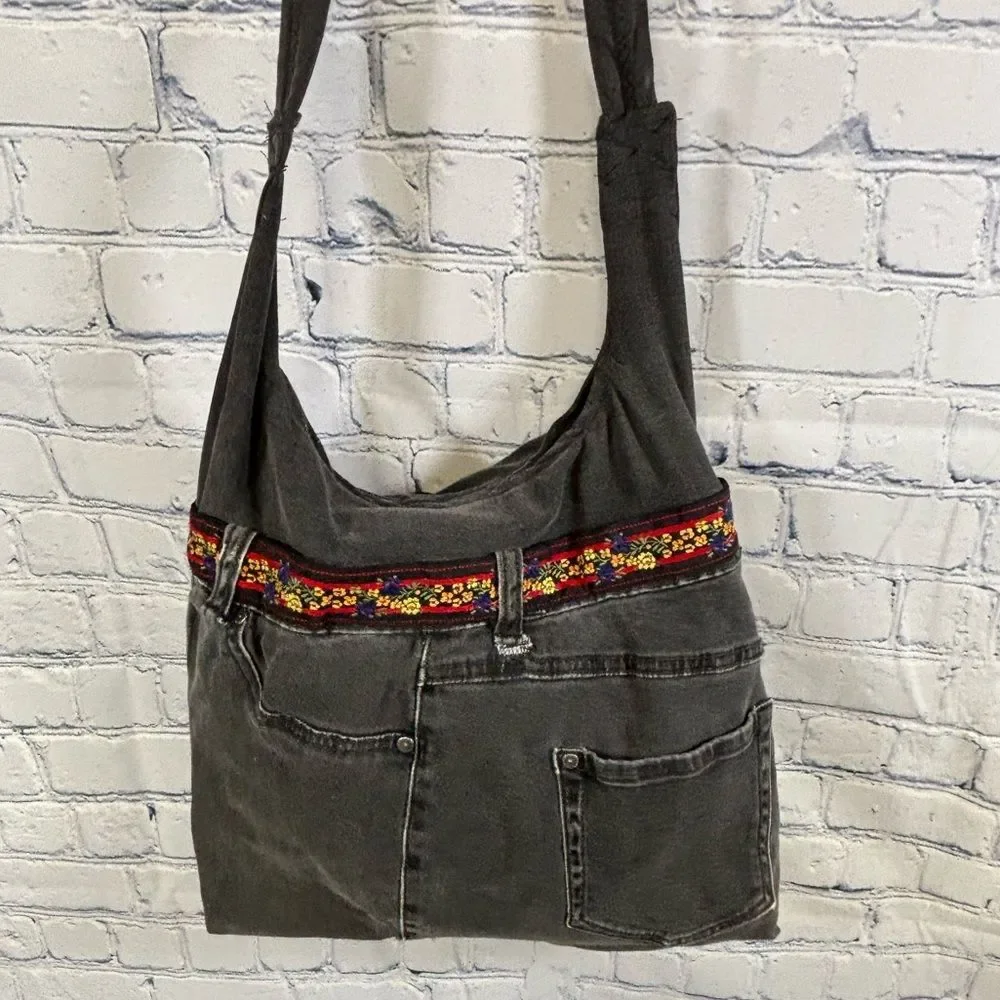 Handcrafted Black Denim Slouchy Hobo Embroidery Trim Upcycled Jean Bag Purse